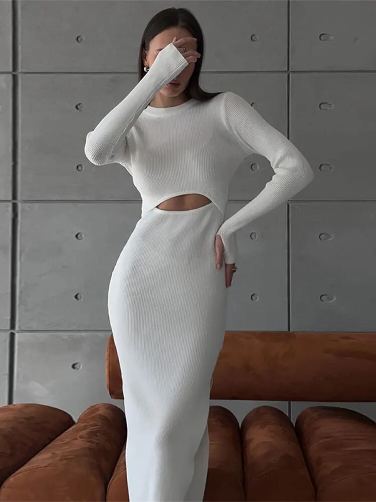 Women Solid Hollow Out Split Knitted Midi Dress Elegant Female O-neck Long Sleeve Bodycon Dresses Summer Lady Streetwear Robe
