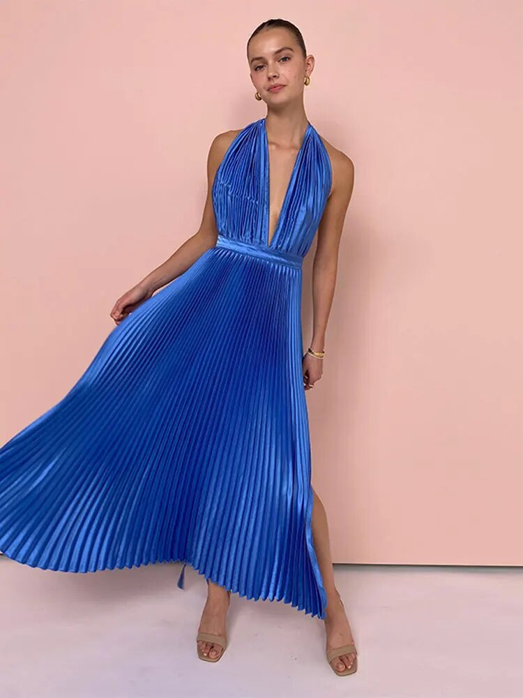 Women Fashion Lace-up Split Pleated Dress Elegant V-neck Sleeveless Backless Dresses 2023 Autumn Female Party Club Robes