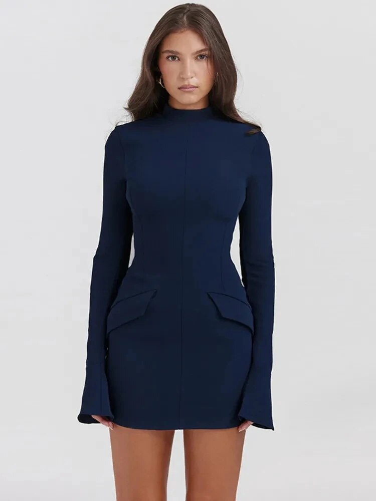 Women Elegant Dark Blue Commuting Mini Dress 2023 Autumn Sexy Pocket Long Sleeve Bodycon Dresses Lady Chic Party Club Robe