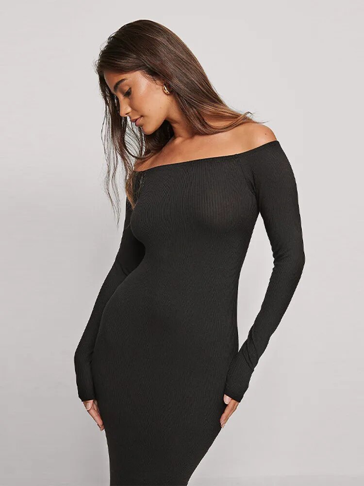 Sexy Slim Off Shoulder Women Knitted Midi Dress Fashion Solid Long Sleeve Bodycon Dresses 2023 Summer Lady Chic Streetwear Robe
