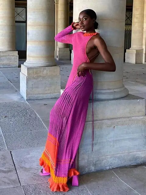 Sexy Asymmetric Gradient Women Knitted Maxi Dress Female Backless Lace Up Dress Summer Lady One Shoulder Long Sleeve Robe