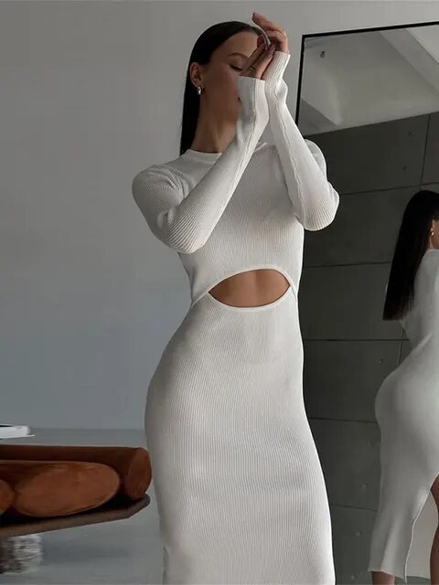 Women Solid Hollow Out Split Knitted Midi Dress Elegant Female O-neck Long Sleeve Bodycon Dresses Summer Lady Streetwear Robe