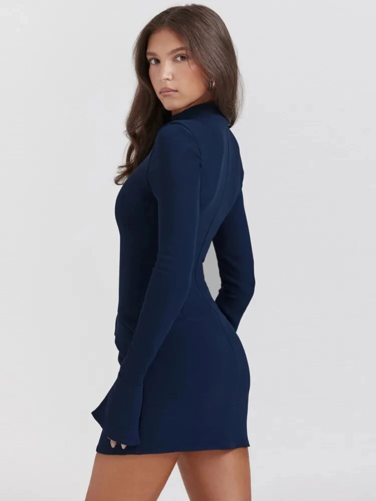 Women Elegant Dark Blue Commuting Mini Dress 2023 Autumn Sexy Pocket Long Sleeve Bodycon Dresses Lady Chic Party Club Robe