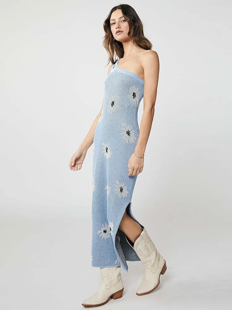 Fashion One Shoulder Printed Knitted Maxi Dress Women Elegant Sleeveless Backless Bodycon Dresses Summer Lady Chic Beach Robe