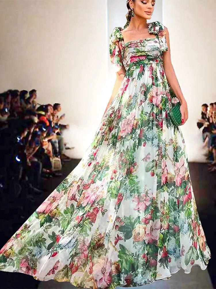 Women Flower Printed Strapless Dress Elegant High Waist Fleated Loose Dresses 2023 Autumn Fashion Female Party Evening Robes