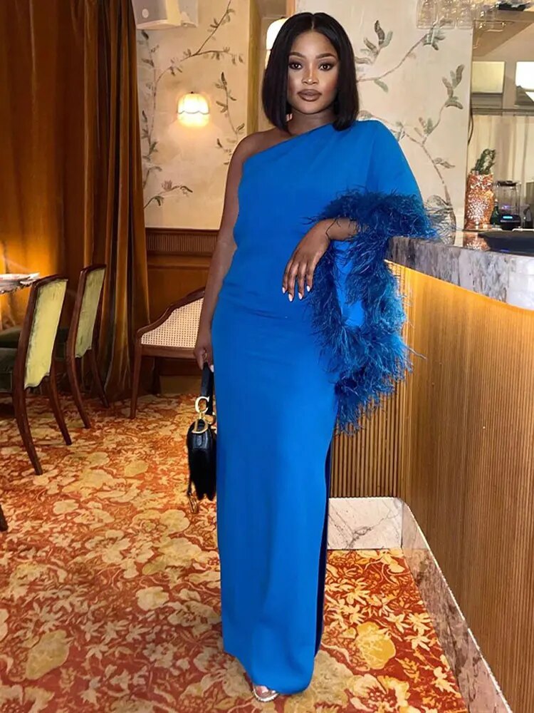 Solid One Shoulder Feather Long Sleeve Dress Women Diagonal Collar Split Maxi Dresses 2023 Female Elegant Party Evening Robe