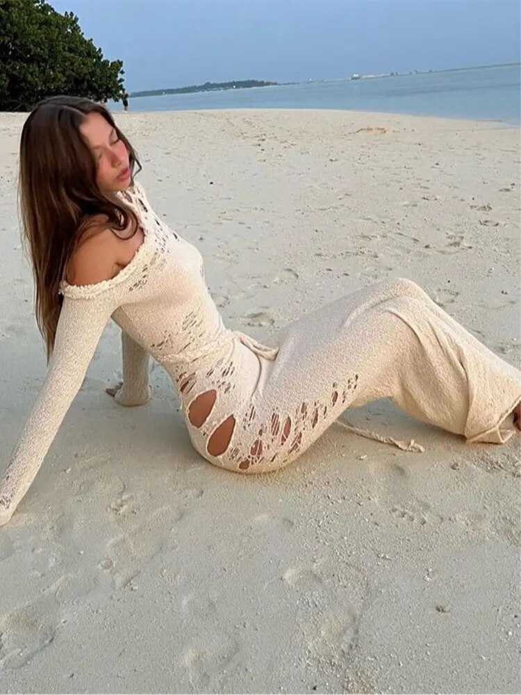 Sexy Hollow Out Women Knitted Bodycon Dress Fashion Long Sleeve Half High Collar Lace Up Dresses Summer Female Beach Party Robe