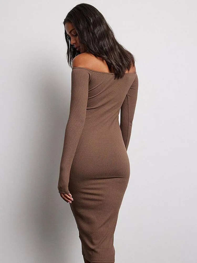 Sexy Slim Off Shoulder Women Knitted Midi Dress Fashion Solid Long Sleeve Bodycon Dresses 2023 Summer Lady Chic Streetwear Robe