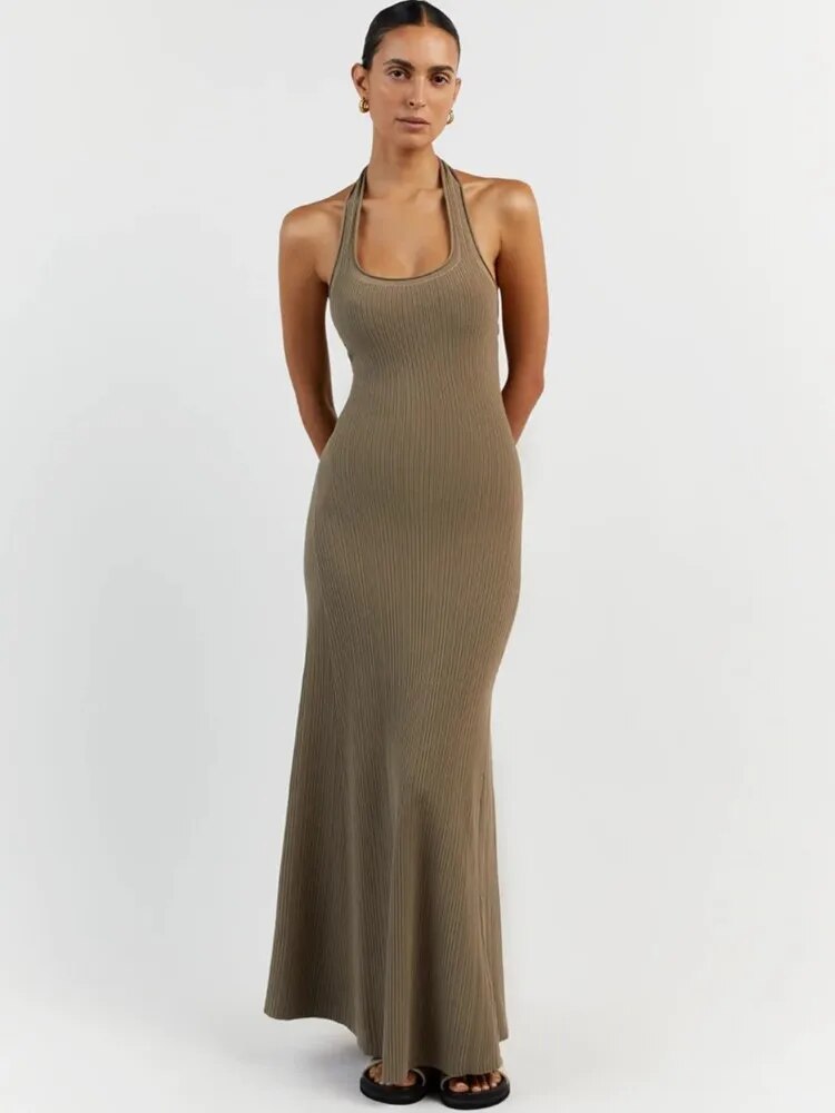 Sexy Solid Backless Women Knitted Halter Midi Dress Elegant U-neck Sleeveless Bodycon Maxi Dress Summer Female Chic Beach Robe