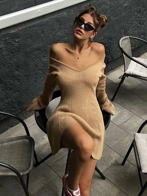 Sexy Off Shoulder Women Knitted Mini A-line Dress Fashion Solid Slim Long Sleeve Ribbed Dresses Summer Lady Chic Streetwear Robe
