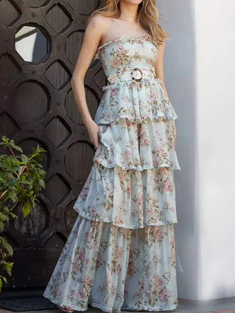 Elegant Print Pleated Backless Maxi Dress Women Sexy Slash Neck High Waist Dresses Ladies Chic Vacation Holiday Vestidos