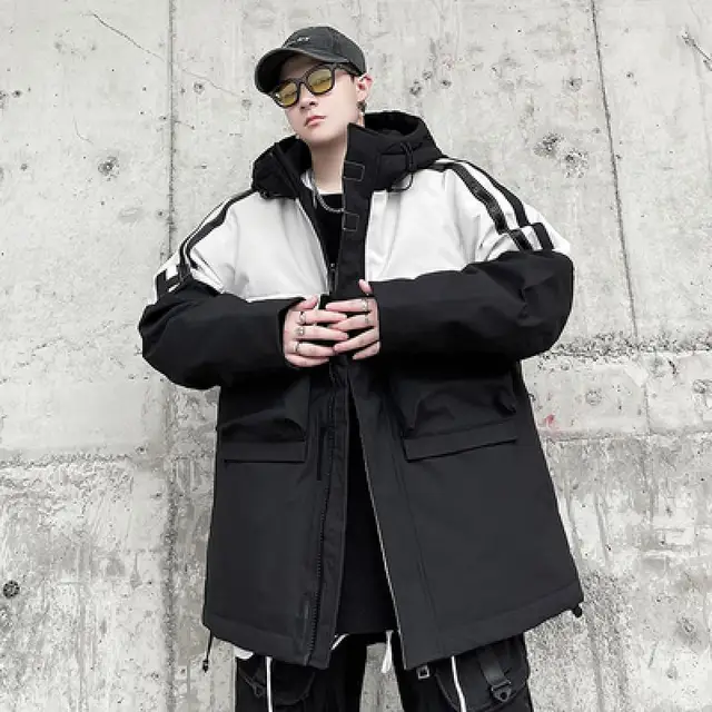 Winter Mens Thick Warm Hoody Down Jacket Colors Mixed Loose Fit Casual Overcoat Man Cargo Jacket Outside Pockets Outerwear Coat