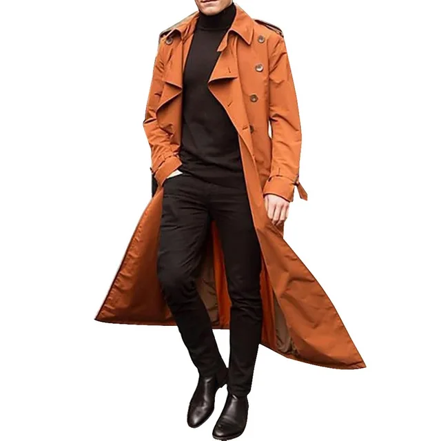 Long Slim Men Trench Coat Double-Breasted Lapel Windbreaker Male Fashion Autumn Winter Coat Long Design Trench Male Size S-2Xl