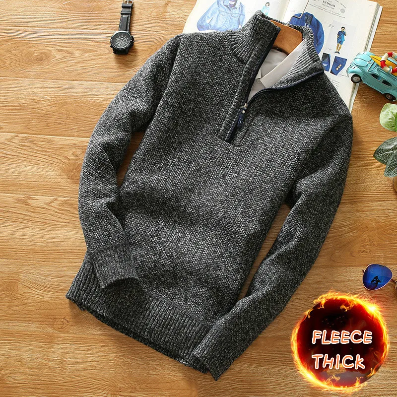 Winter Men's Fleece Thicker Sweater Pullover Half Zipper Turtleneck Warm Pullovers Quality Male Slim Knitted Sweaters Men