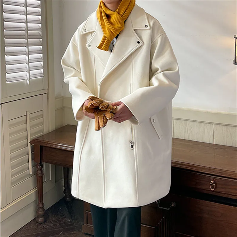 High Quality Korean Style Woolen Coats Men Loose Casual Windbreaker Mens Solid Turn Down Collar Outerwear Fashion Zippers Coat