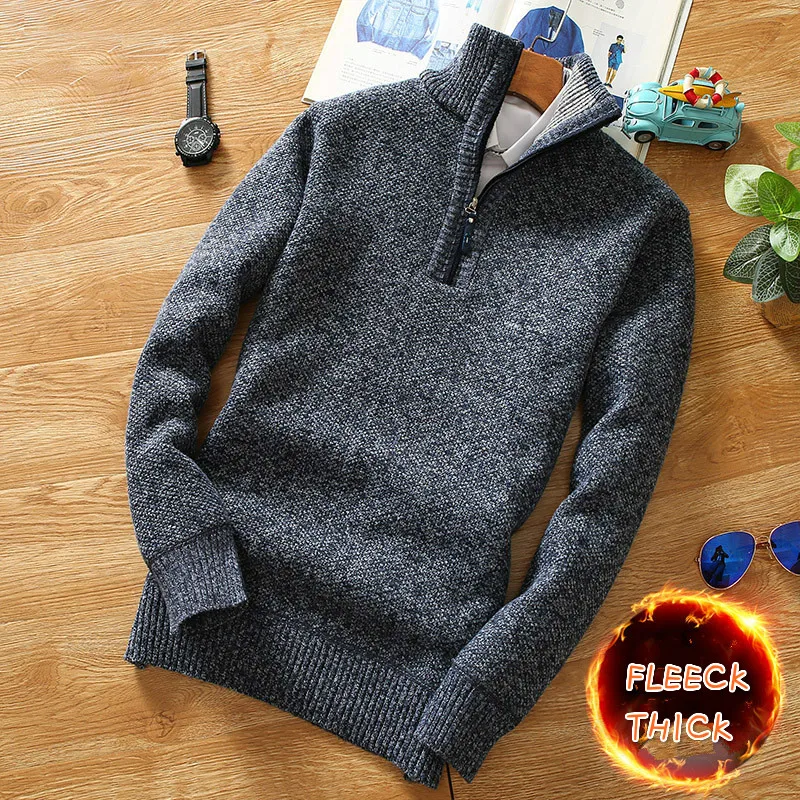 Winter Men's Fleece Thicker Sweater Pullover Half Zipper Turtleneck Warm Pullovers Quality Male Slim Knitted Sweaters Men
