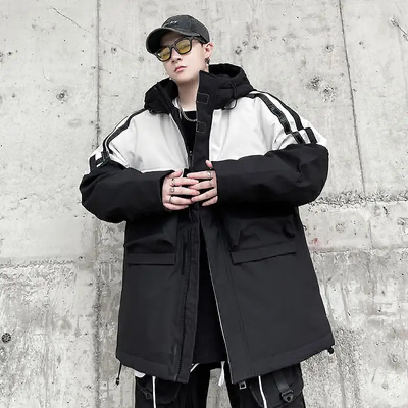 Winter Mens Thick Warm Hoody Down Jacket Colors Mixed Loose Fit Casual Overcoat Man Cargo Jacket Outside Pockets Outerwear Coat