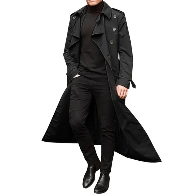 Long Slim Men Trench Coat Double-Breasted Lapel Windbreaker Male Fashion Autumn Winter Coat Long Design Trench Male Size S-2Xl