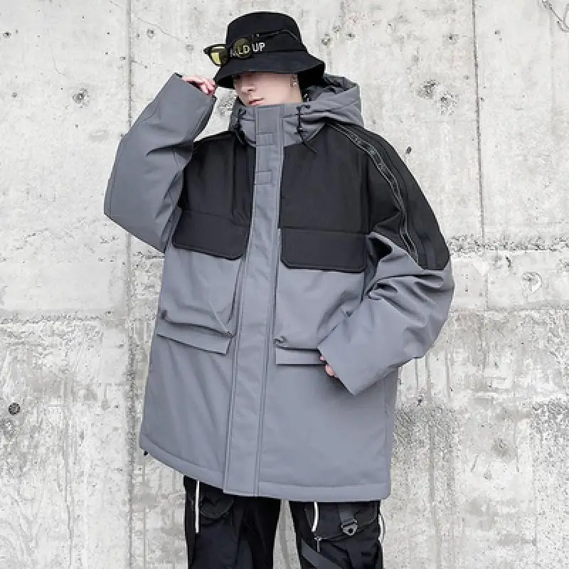 Winter Mens Thick Warm Hoody Down Jacket Colors Mixed Loose Fit Casual Overcoat Man Cargo Jacket Outside Pockets Outerwear Coat
