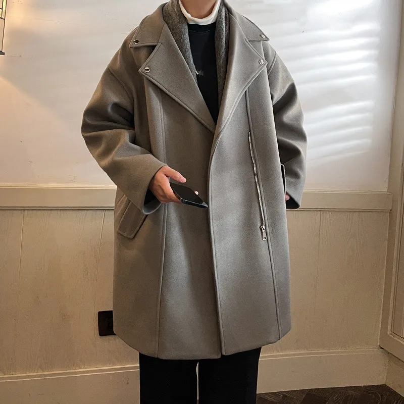 High Quality Korean Style Woolen Coats Men Loose Casual Windbreaker Mens Solid Turn Down Collar Outerwear Fashion Zippers Coat