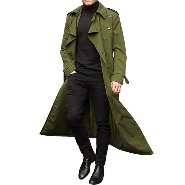 Long Slim Men Trench Coat Double-Breasted Lapel Windbreaker Male Fashion Autumn Winter Coat Long Design Trench Male Size S-2Xl