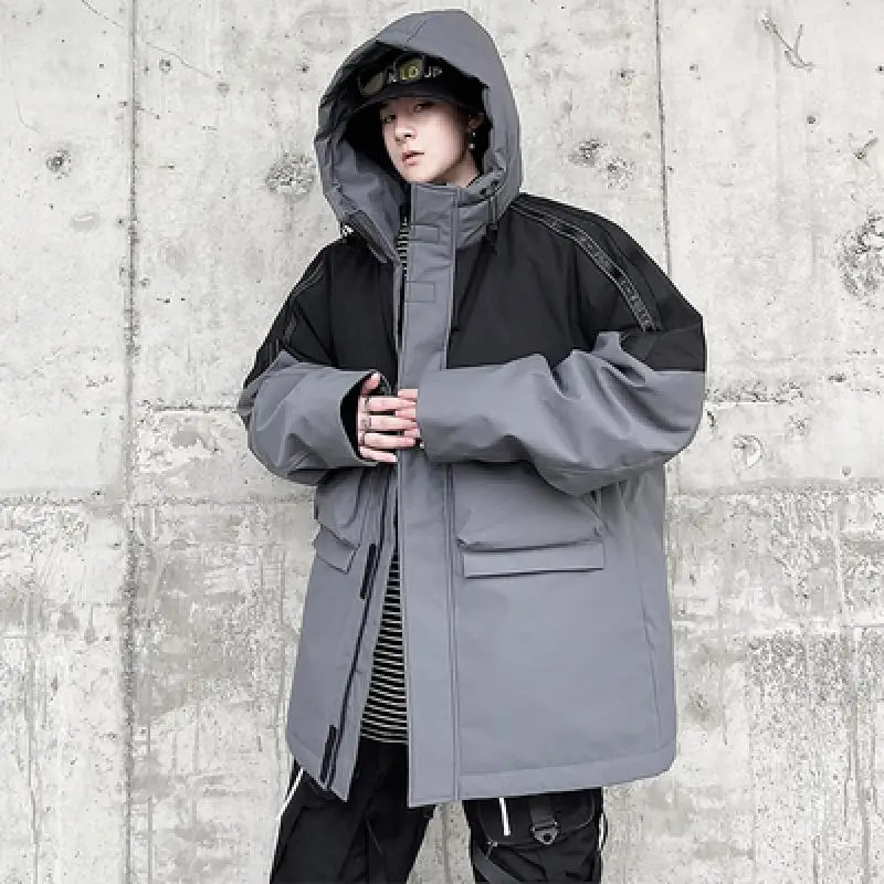Winter Mens Thick Warm Hoody Down Jacket Colors Mixed Loose Fit Casual Overcoat Man Cargo Jacket Outside Pockets Outerwear Coat