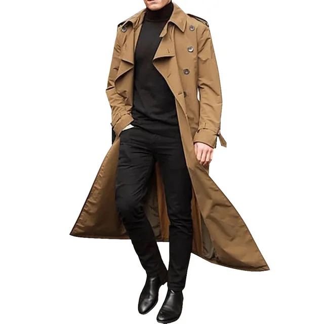 Long Slim Men Trench Coat Double-Breasted Lapel Windbreaker Male Fashion Autumn Winter Coat Long Design Trench Male Size S-2Xl