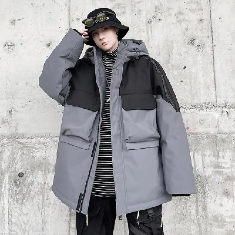 Winter Mens Thick Warm Hoody Down Jacket Colors Mixed Loose Fit Casual Overcoat Man Cargo Jacket Outside Pockets Outerwear Coat