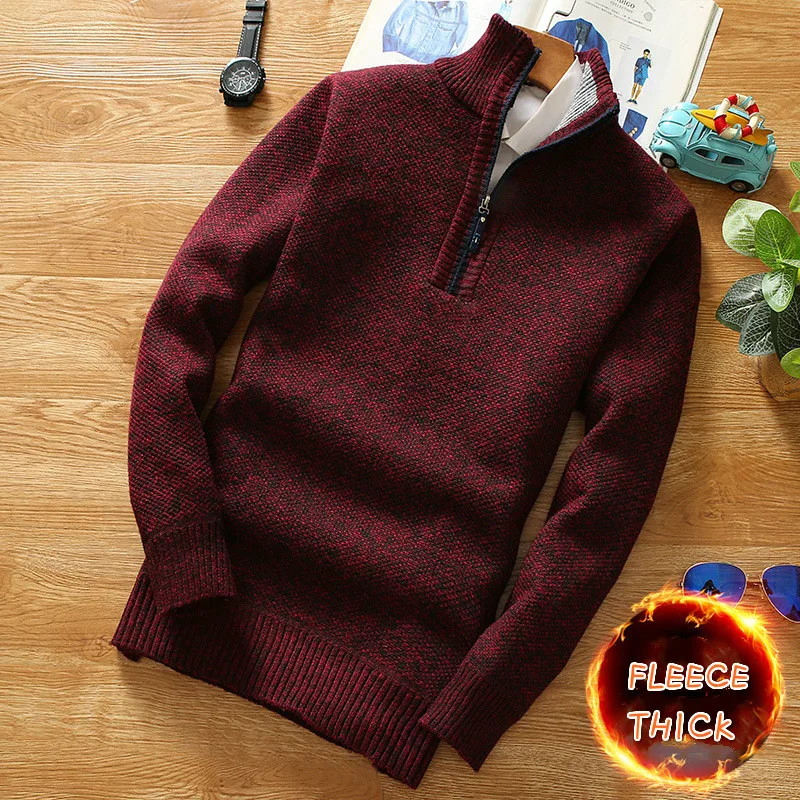 Winter Men's Fleece Thicker Sweater Pullover Half Zipper Turtleneck Warm Pullovers Quality Male Slim Knitted Sweaters Men