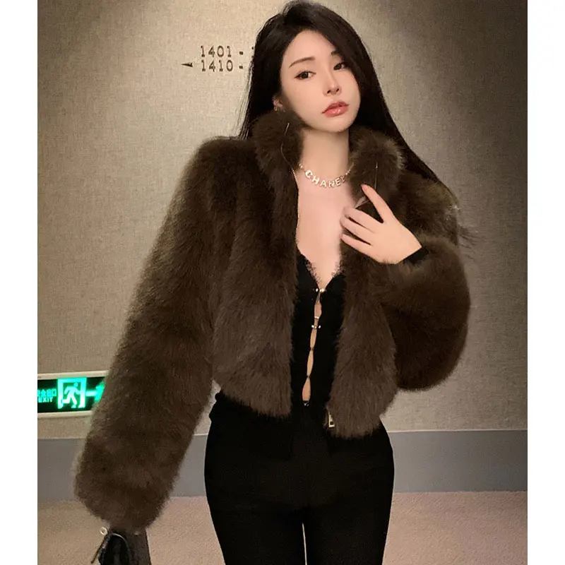 Faux Fur Jackets Autumn Winter Luxury Stand Collar Faux Mink Fur Party Club Zipper Coat Vintage Solid Furry Outerwear