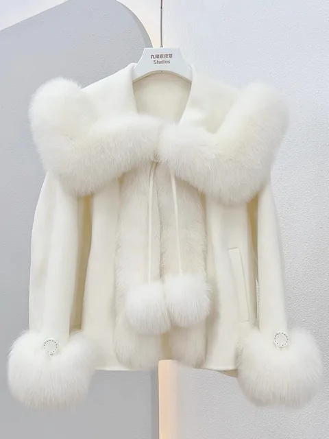 Winter Solid Fox Fur Collar Poncho Coat Luxury Warm Women Cashmere Jacket Cute Thick Female Lace up Parkas Wollen Overcoat Chic