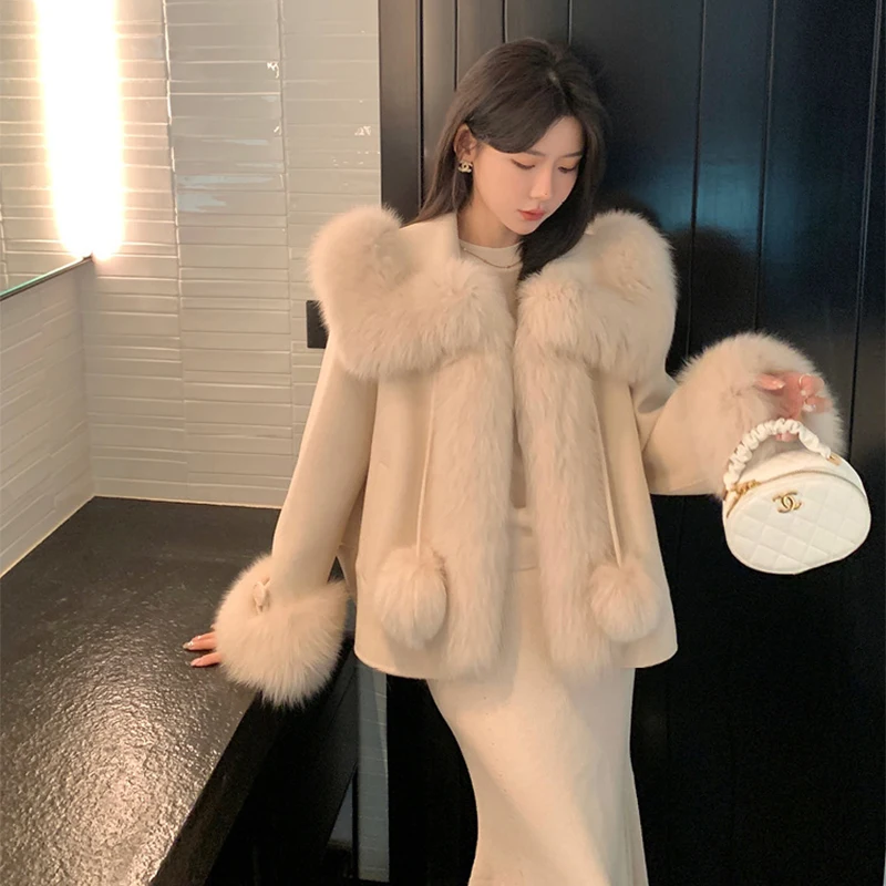 Winter Solid Fox Fur Collar Poncho Coat Luxury Warm Women Cashmere Jacket Cute Thick Female Lace up Parkas Wollen Overcoat Chic