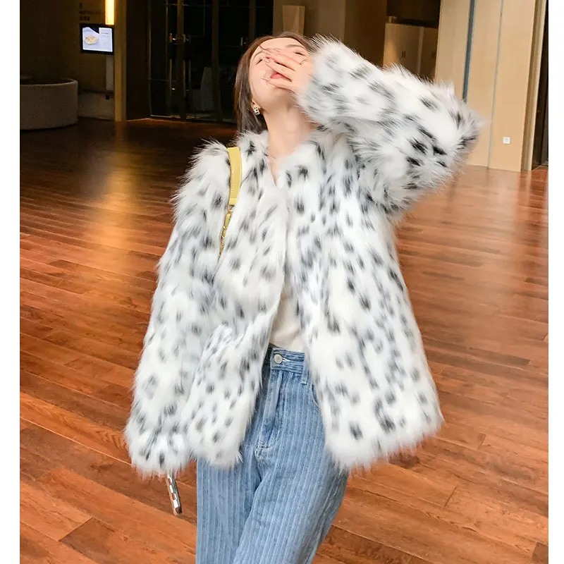 Snow Leopard Printed Faux Fur Jackets Autumn Winter Luxury Warm Party Club Coat Cute Furry Mixture Outcoat Outerwear Chic