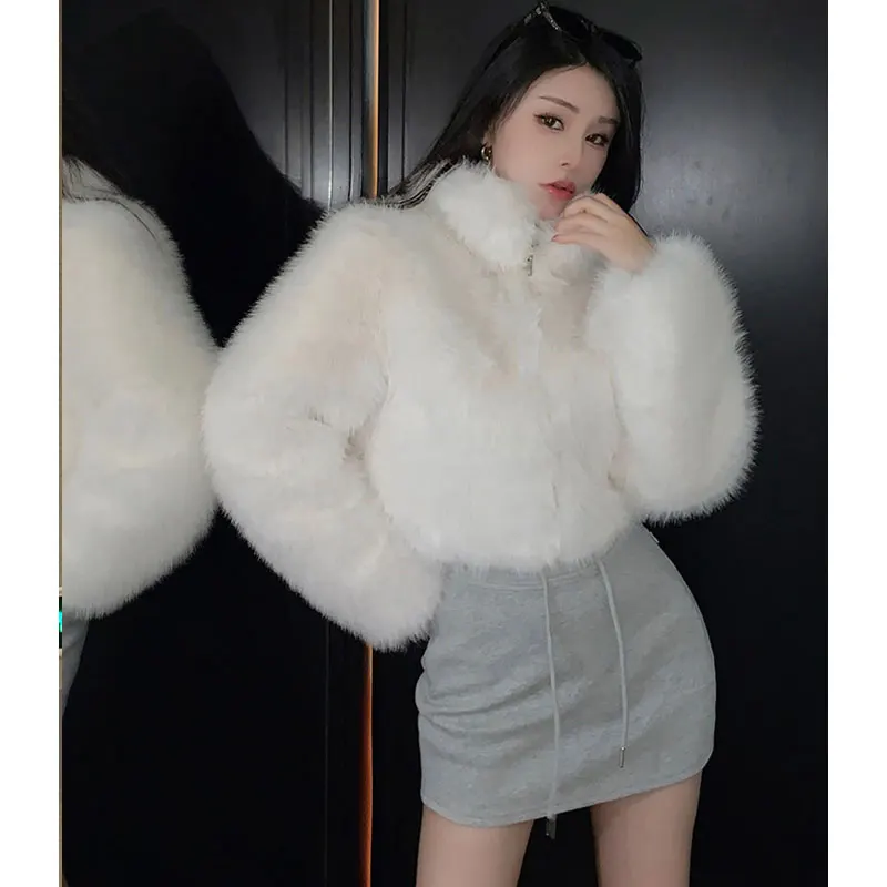 Faux Fur Jackets Autumn Winter Luxury Stand Collar Faux Mink Fur Party Club Zipper Coat Vintage Solid Furry Outerwear
