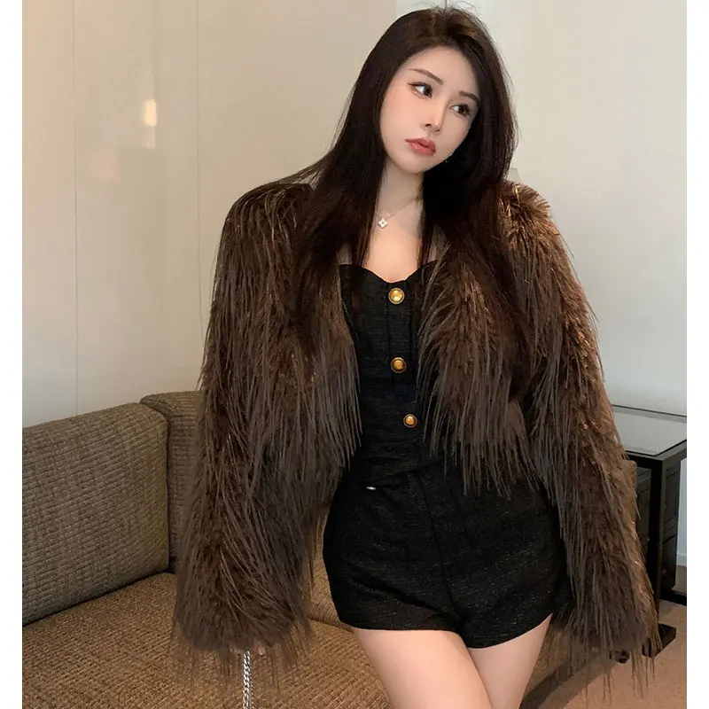 Sexy Faux Fox Fur Short Coat Women Fashion Feather Tassel Cardigan Coats Outercoat Lady Party Elegant Solid Club Outfits
