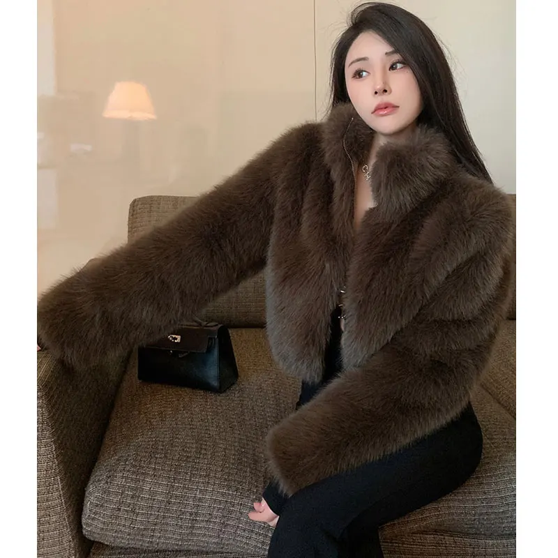 Faux Fur Jackets Autumn Winter Luxury Stand Collar Faux Mink Fur Party Club Zipper Coat Vintage Solid Furry Outerwear