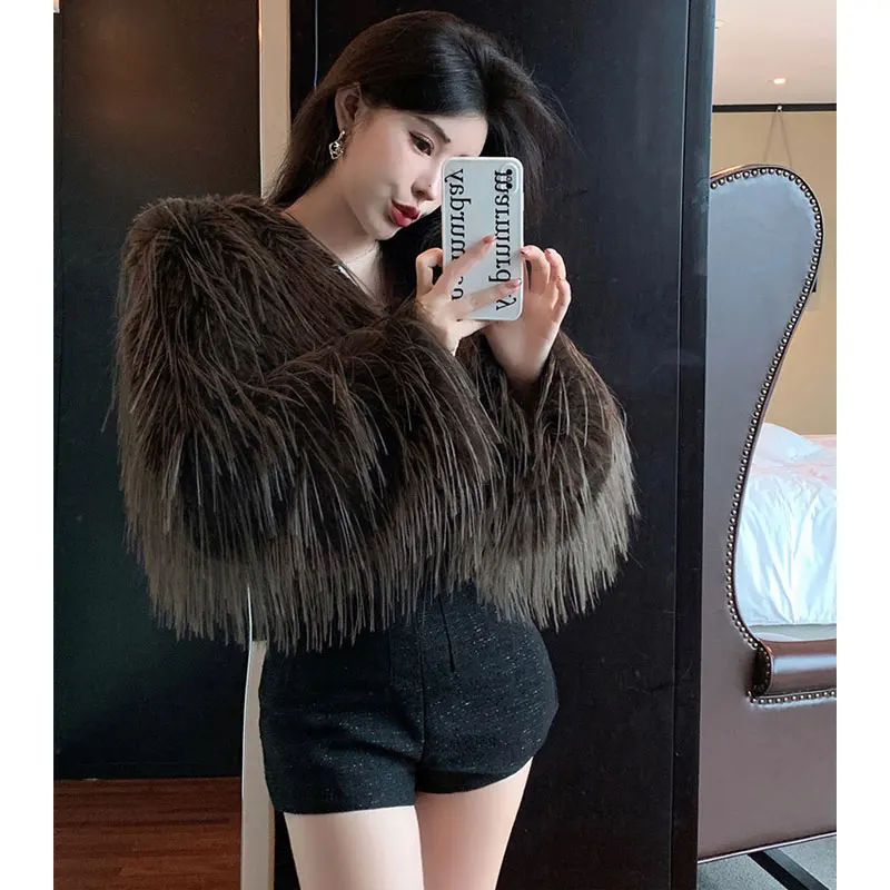 Sexy Faux Fox Fur Short Coat Women Fashion Feather Tassel Cardigan Coats Outercoat Lady Party Elegant Solid Club Outfits