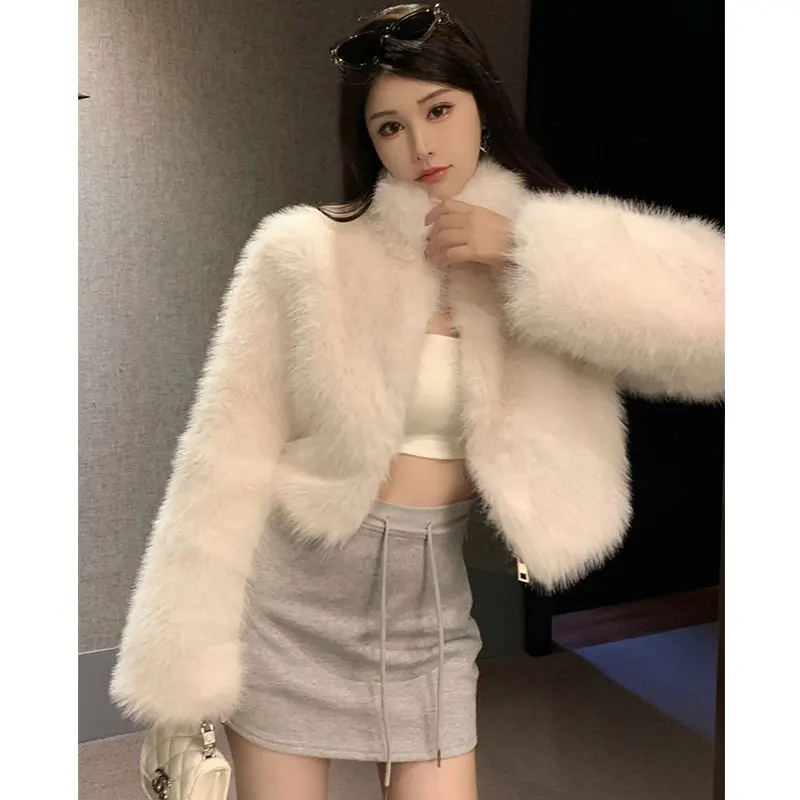 Faux Fur Jackets Autumn Winter Luxury Stand Collar Faux Mink Fur Party Club Zipper Coat Vintage Solid Furry Outerwear