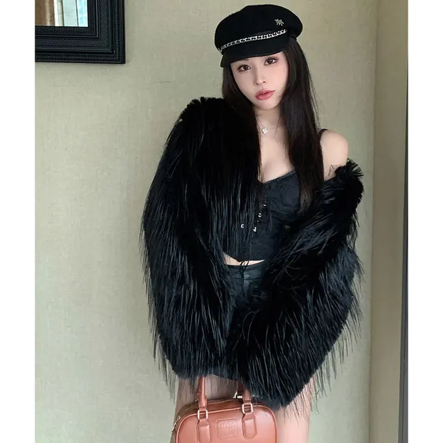 Sexy Faux Fox Fur Short Coat Women Fashion Feather Tassel Cardigan Coats Outercoat Lady Party Elegant Solid Club Outfits