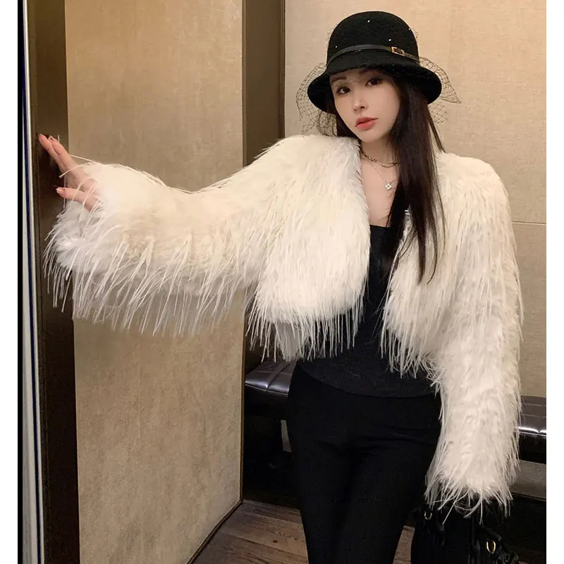 Sexy Faux Fox Fur Short Coat Women Fashion Feather Tassel Cardigan Coats Outercoat Lady Party Elegant Solid Club Outfits