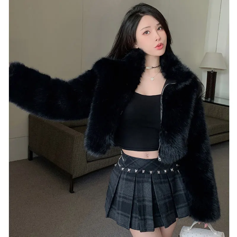 Faux Fur Jackets Autumn Winter Luxury Stand Collar Faux Mink Fur Party Club Zipper Coat Vintage Solid Furry Outerwear