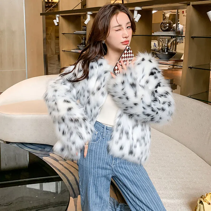Snow Leopard Printed Faux Fur Jackets Autumn Winter Luxury Warm Party Club Coat Cute Furry Mixture Outcoat Outerwear Chic