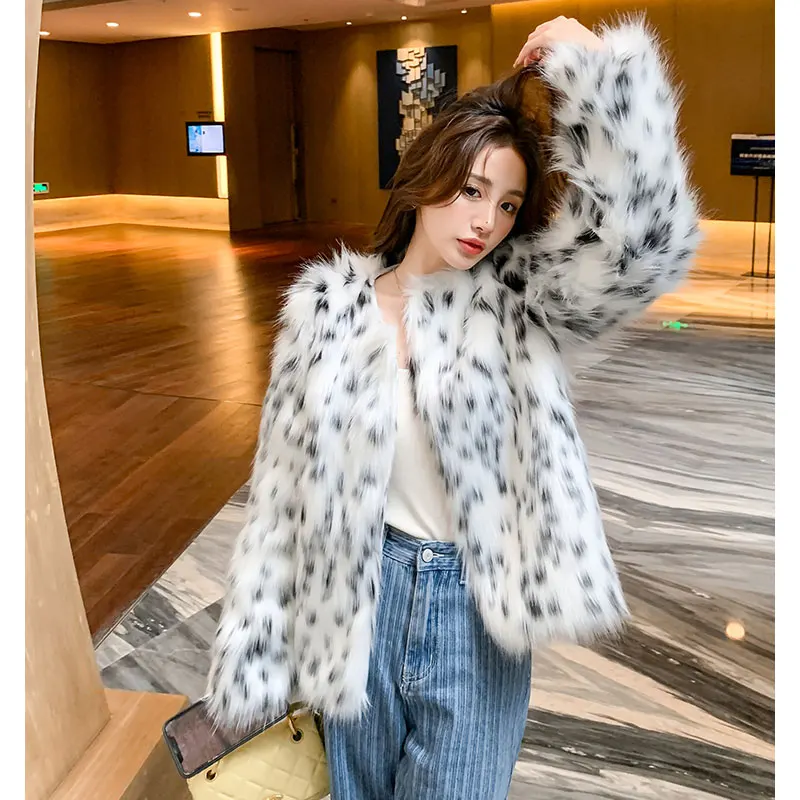 Snow Leopard Printed Faux Fur Jackets Autumn Winter Luxury Warm Party Club Coat Cute Furry Mixture Outcoat Outerwear Chic