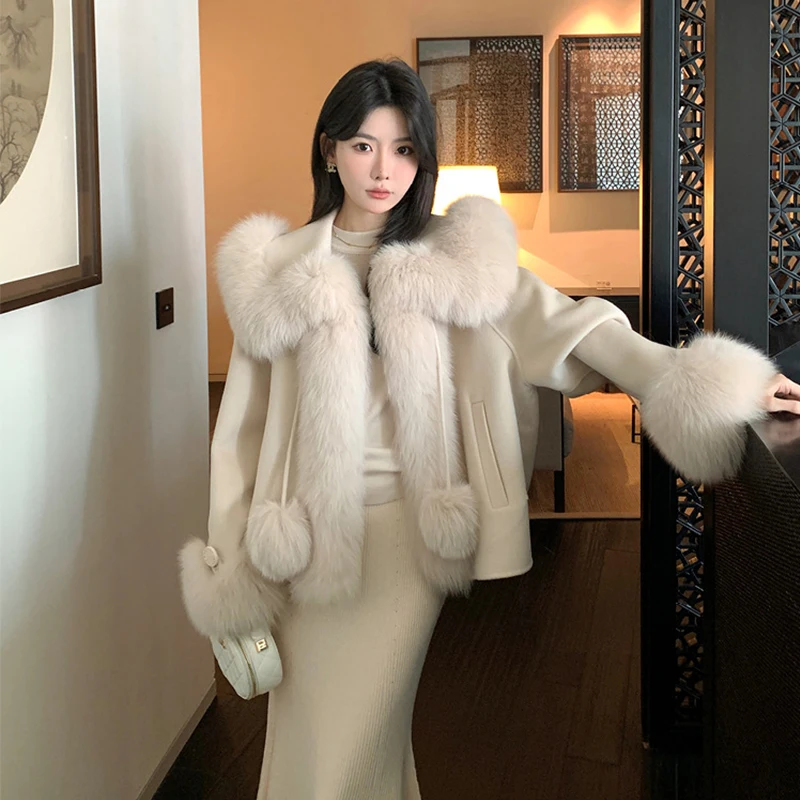 Winter Solid Fox Fur Collar Poncho Coat Luxury Warm Women Cashmere Jacket Cute Thick Female Lace up Parkas Wollen Overcoat Chic