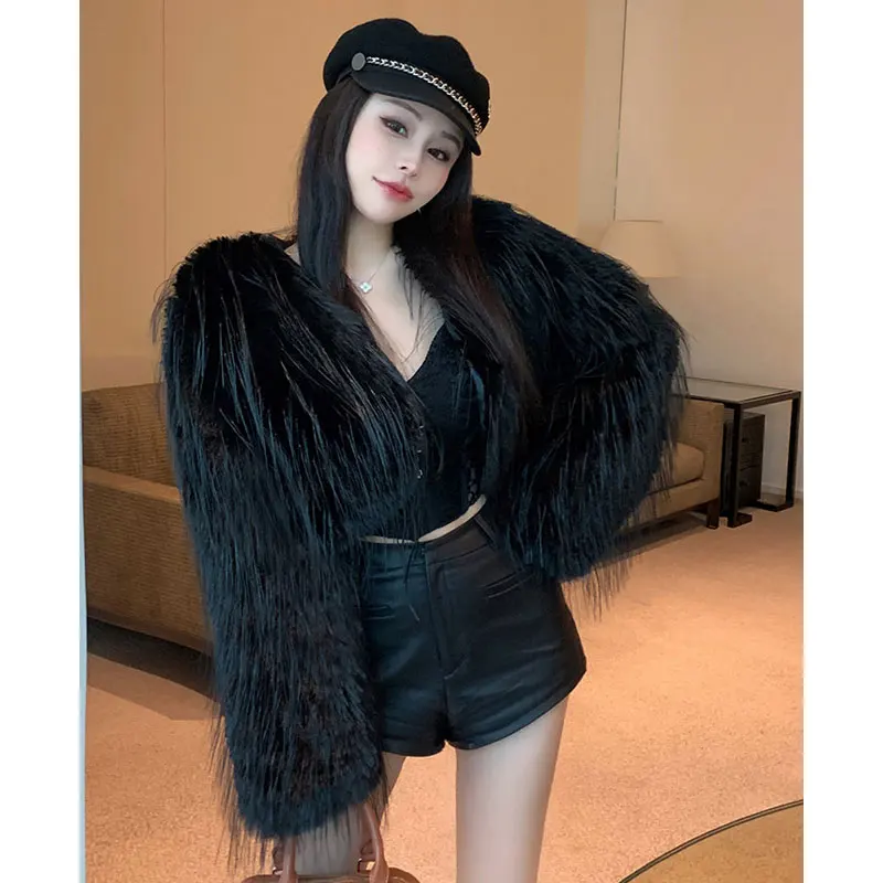 Sexy Faux Fox Fur Short Coat Women Fashion Feather Tassel Cardigan Coats Outercoat Lady Party Elegant Solid Club Outfits