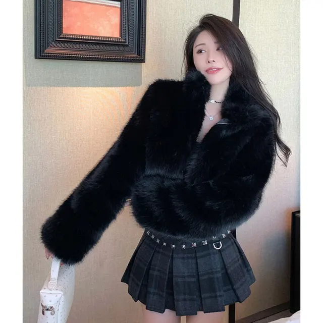 Faux Fur Jackets Autumn Winter Luxury Stand Collar Faux Mink Fur Party Club Zipper Coat Vintage Solid Furry Outerwear