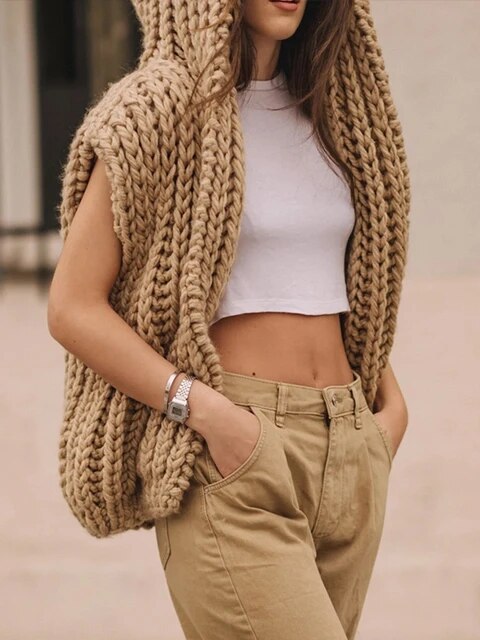 Elegant Solid Hooded Sweater Vest For Women Fashion Sleeveless Knitting Cardigan Winter Office Ladies Commute Streetwear