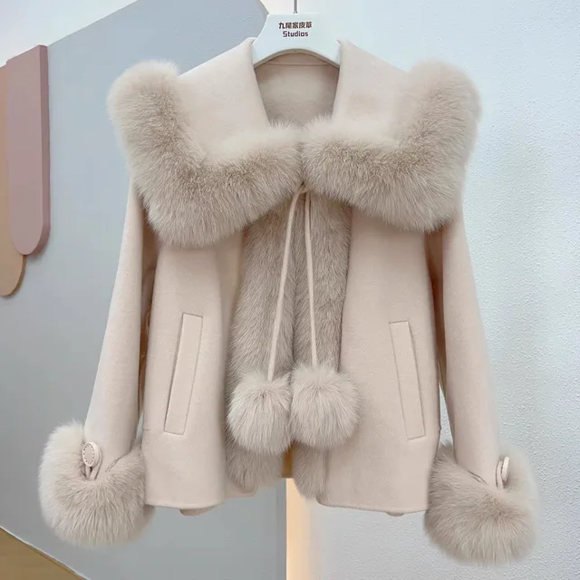 Winter Solid Fox Fur Collar Poncho Coat Luxury Warm Women Cashmere Jacket Cute Thick Female Lace up Parkas Wollen Overcoat Chic