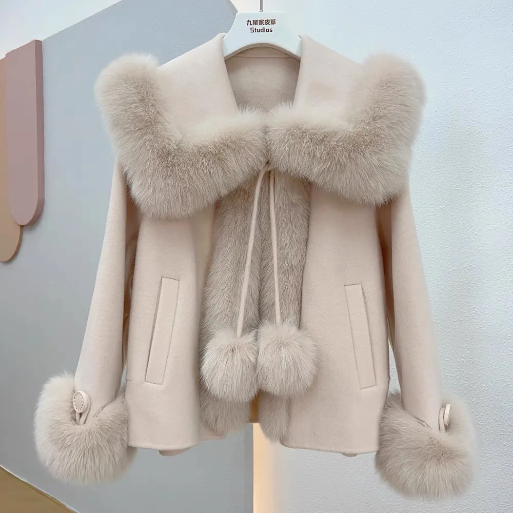 Winter Solid Fox Fur Collar Poncho Coat Luxury Warm Women Cashmere Jacket Cute Thick Female Lace up Parkas Wollen Overcoat Chic