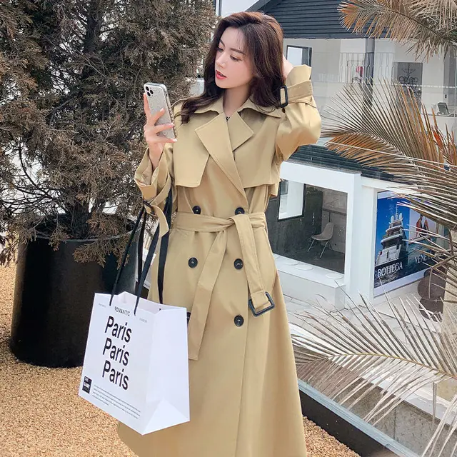 Casual Khaki Long Women Trench Coat Autumn Turn Down Collar Double Breasted White Women Windbreaker Overcoat With Belt